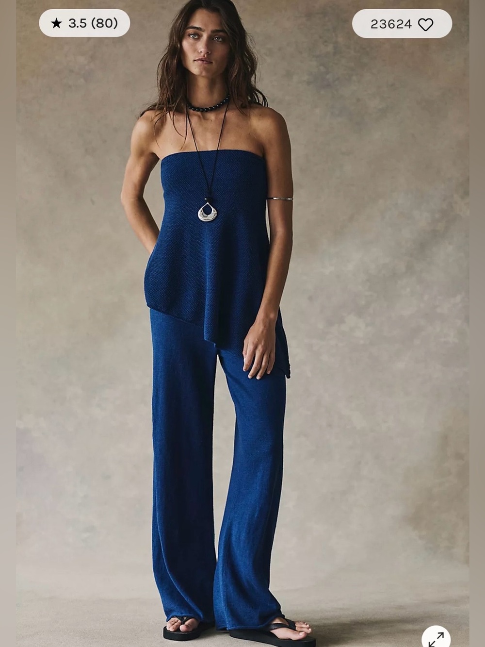 Krista Cotton Linen Knit Tube Sweater & Pant Set - Deep Blue - Size XS